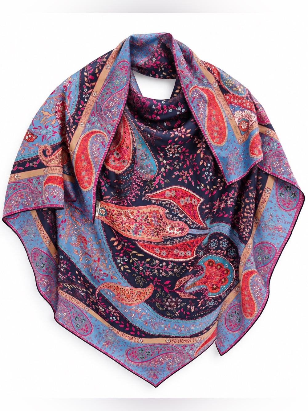 100% Silk Swiss Paisley Scarf 32.5” Square Jewel Tone Boho Quiet Luxury